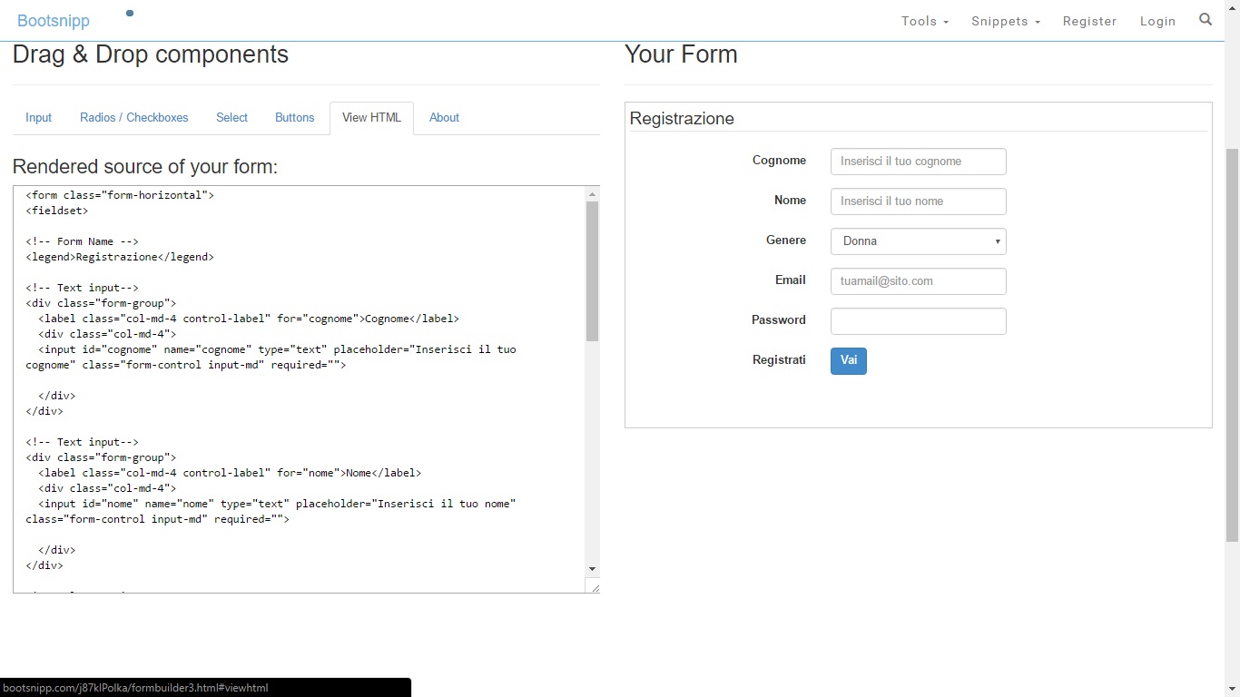 codice HTML generato da Bootstrap Form Builder